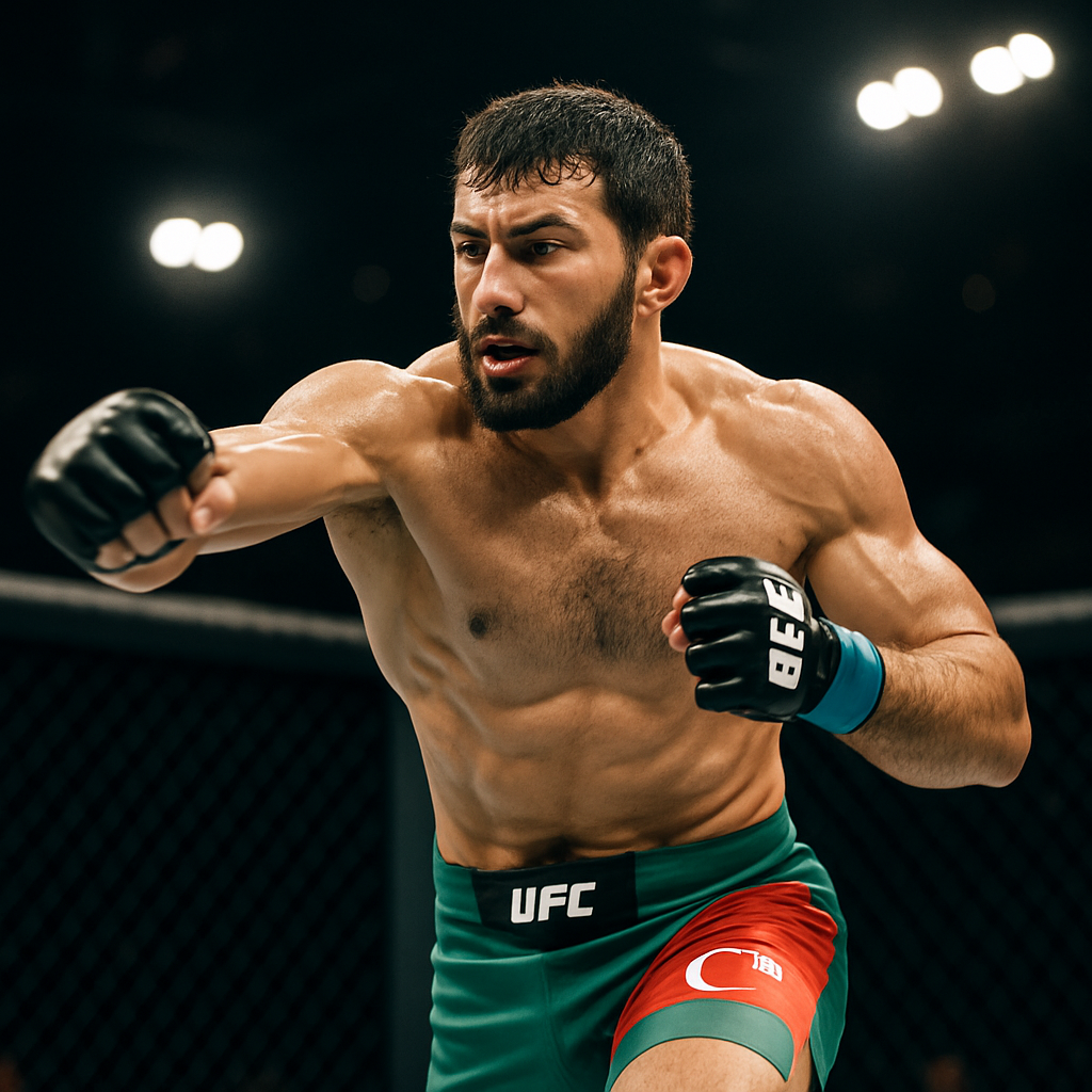 An intense shot of a UFC octagon featuring an Azerbaijani fighter in green and