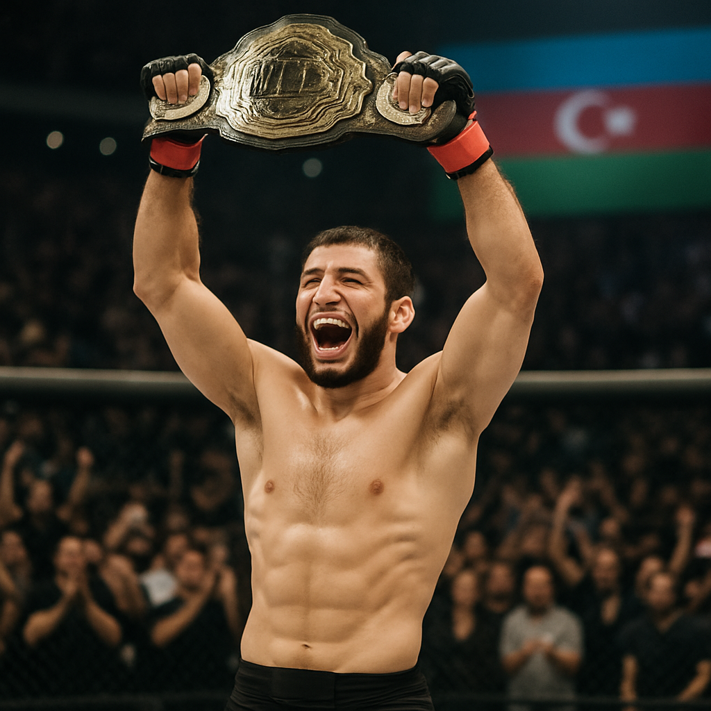 An Azerbaijani MMA fighter triumphantly raising his championship belt in a lively Baku arena.