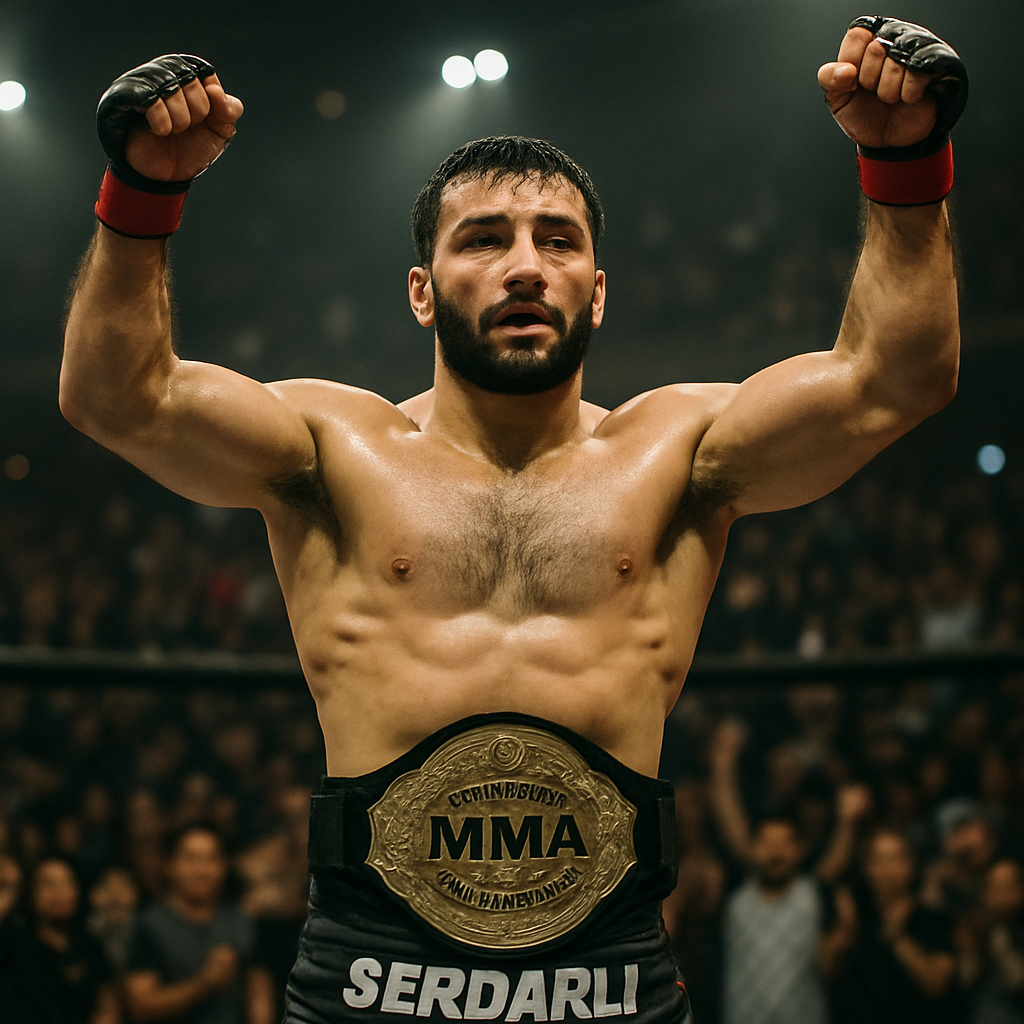 Victorious MMA champion poses triumphantly in the ring after winning the final match.