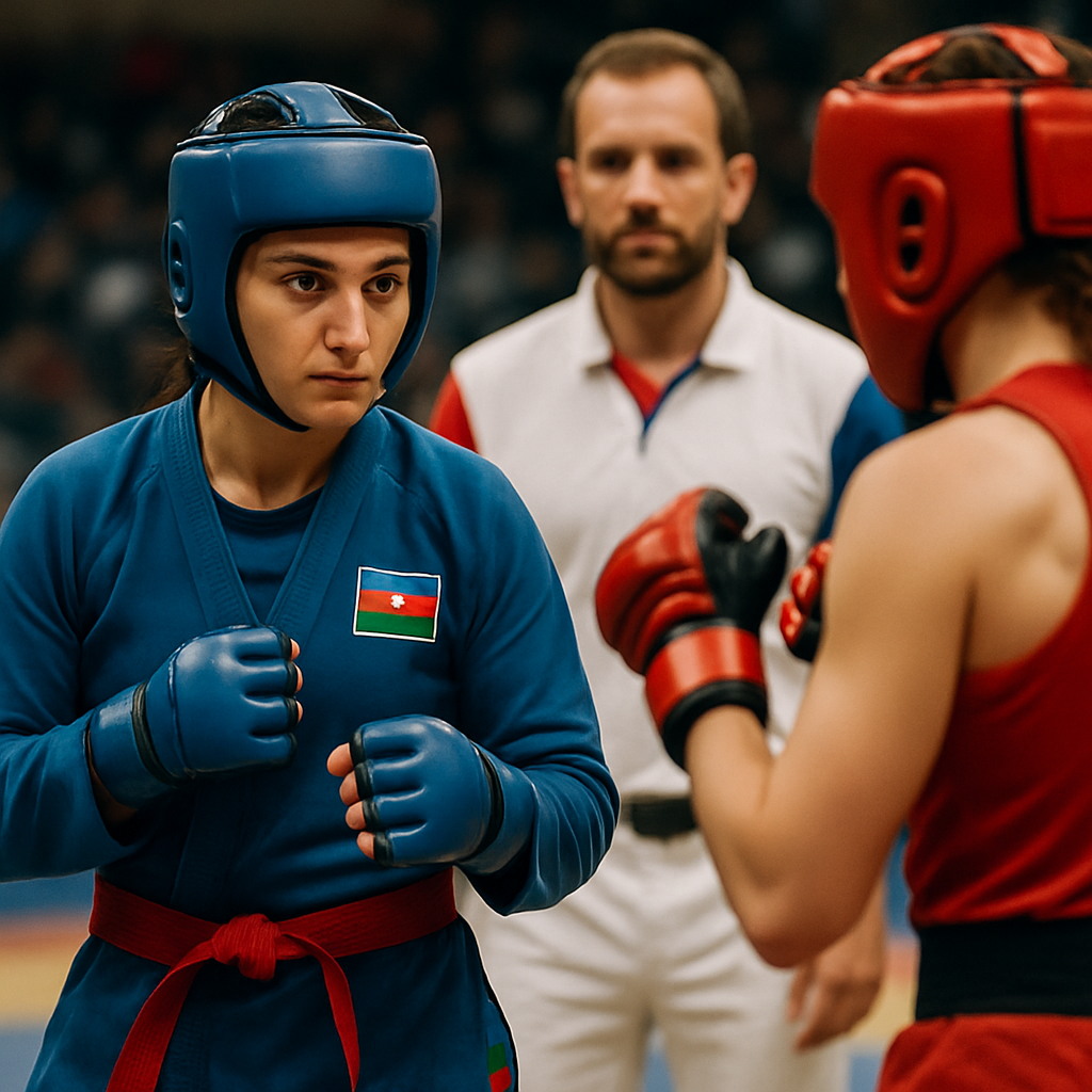 An Azerbaijani woman fighter faces her international opponent on a competition mat as the
