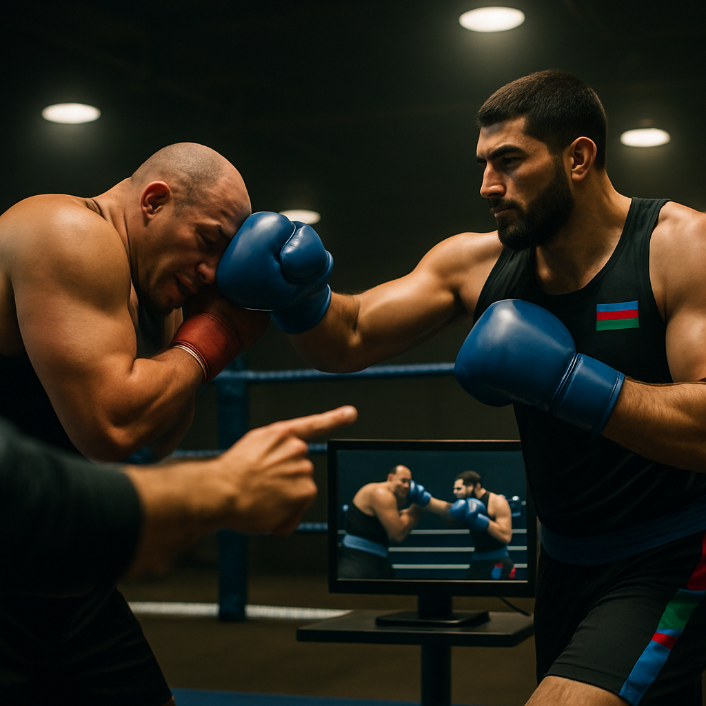Two heavyweight boxers in a ring as a coach reviews their timing and defensive