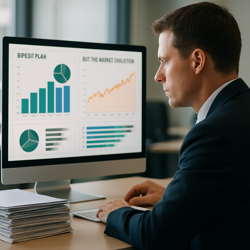 A professional’s hands typing on a laptop with financial graphs and numbers on the