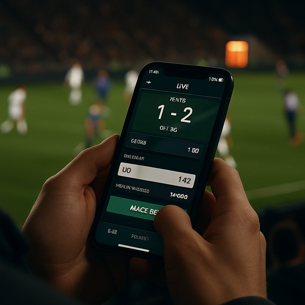 A focused fan updates a live football bet slip on a smartphone as players