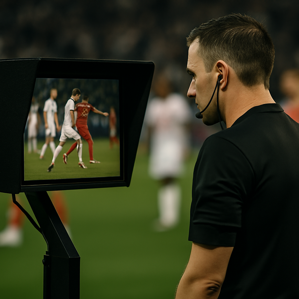 A football referee reviews a match incident on a pitch-side screen as players wait