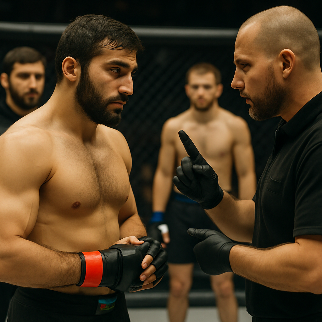 A referee discusses safety rules with an Azerbaijani MMA fighter in a professional cage