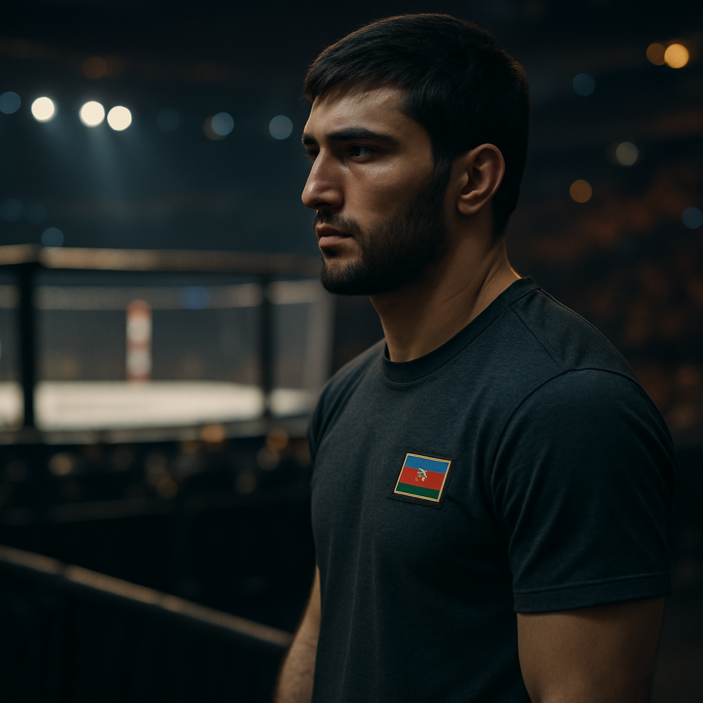 An Azerbaijani fighter pauses beside an international arena, reflecting on the challenge and long-term
