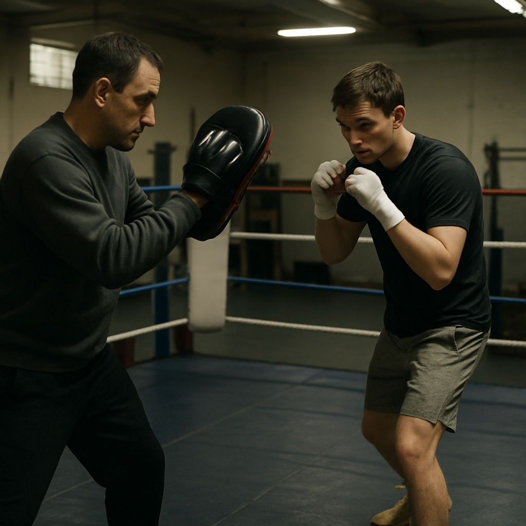 A boxer practices footwork with a coach holding pads in a training camp gym.