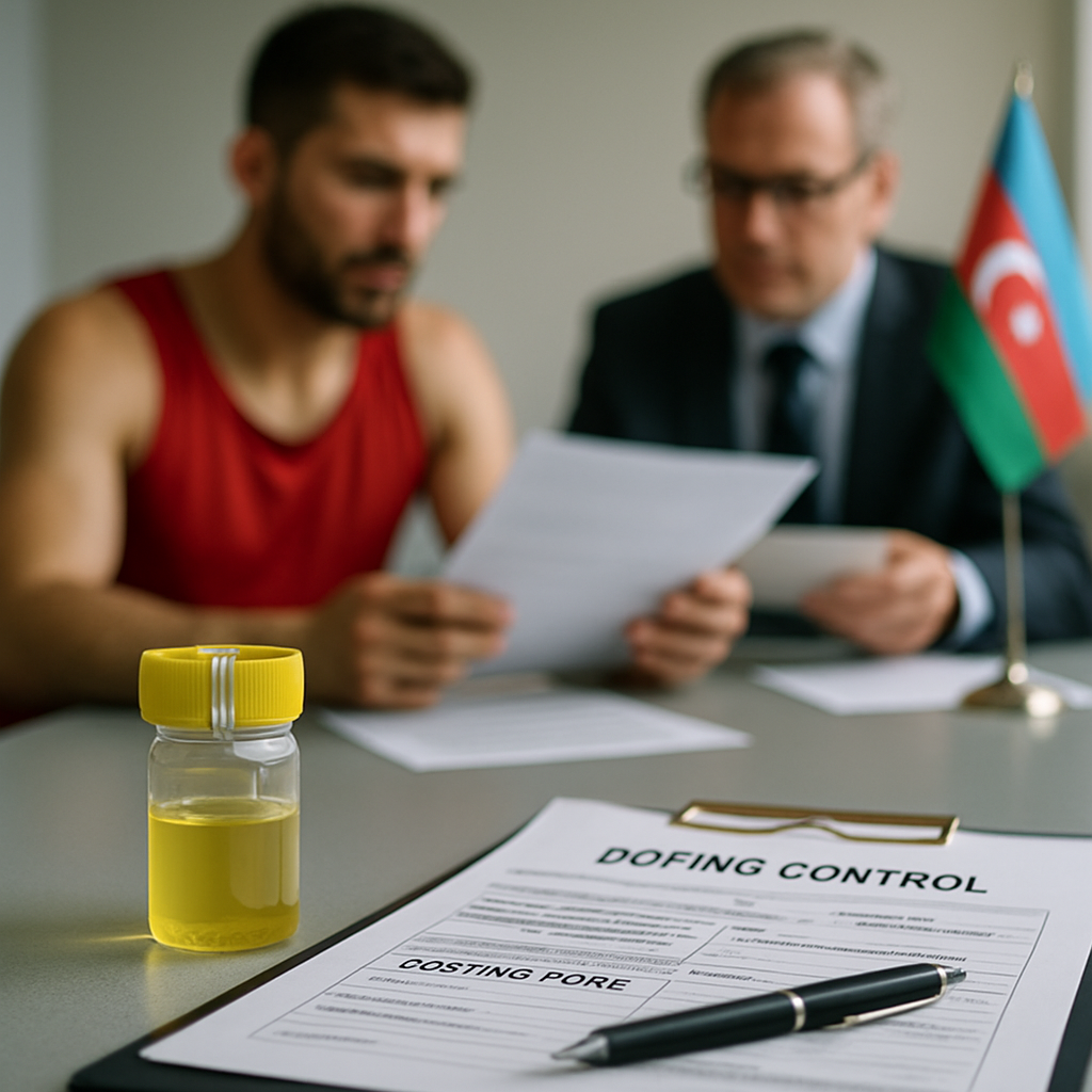 Sealed anti-doping sample and review documents in a testing room, with an athlete and