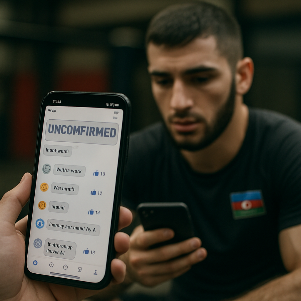 An Azerbaijani fighter checks a phone showing mixed fan reactions marked unconfirmed.