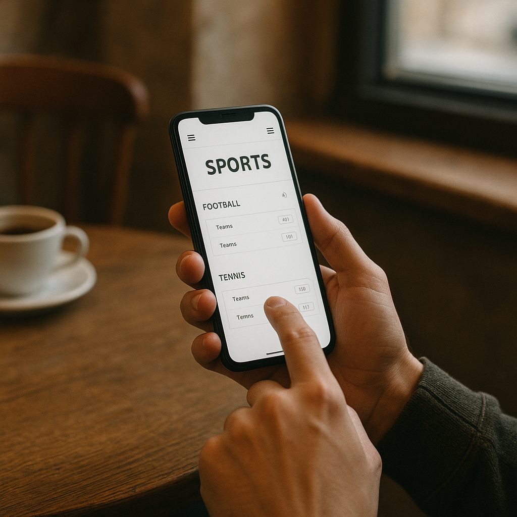 A person calmly navigates a simple sports website on a smartphone despite weak network