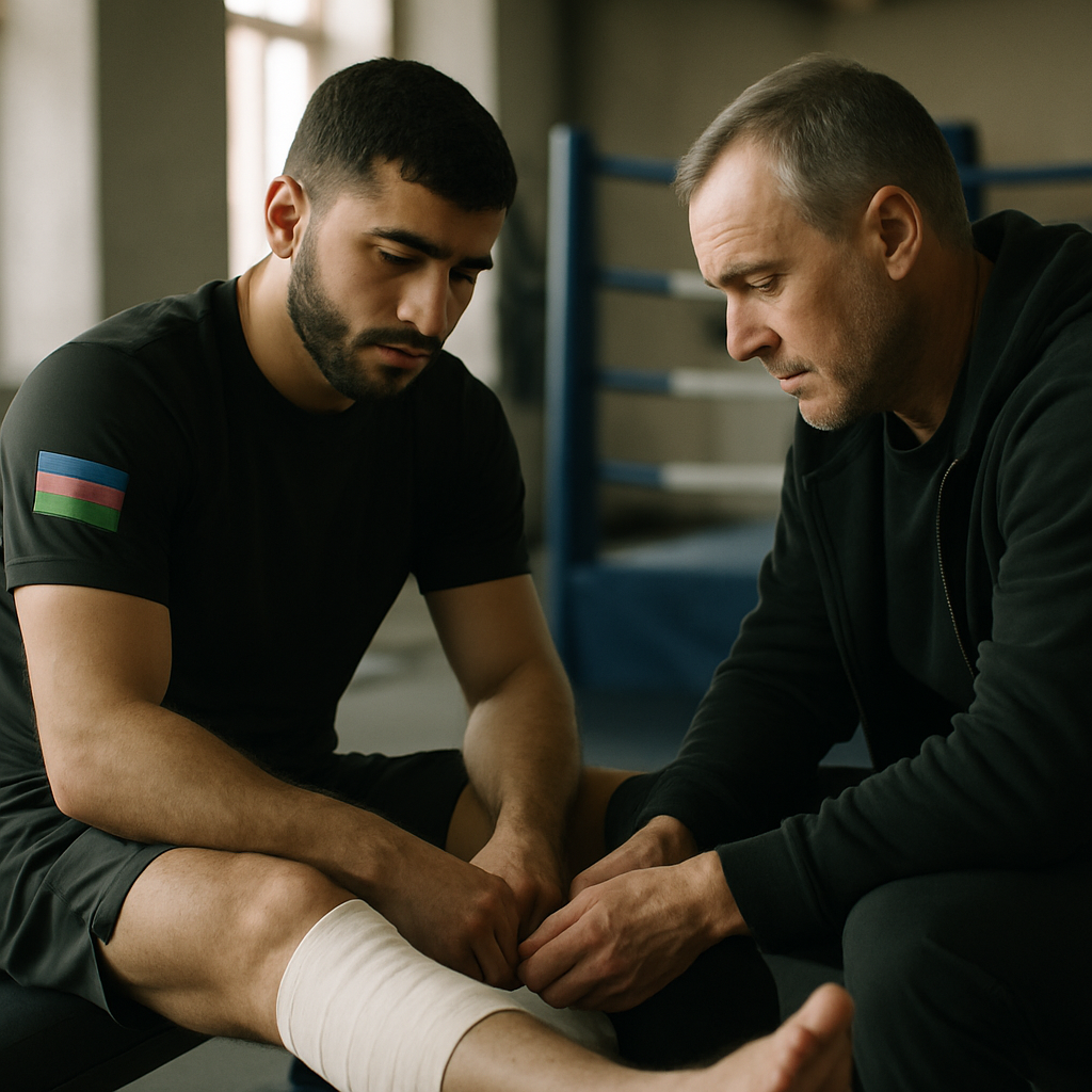 An Azerbaijani fighter rests in a gym while a coach checks his wrapped leg,
