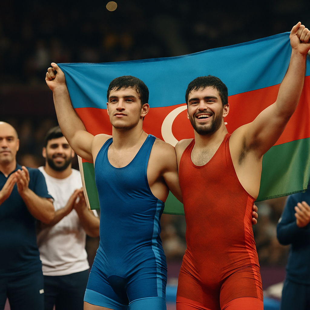 Azerbaijani wrestlers celebrate their team’s first-place finish at the European Wrestling Championships beside the