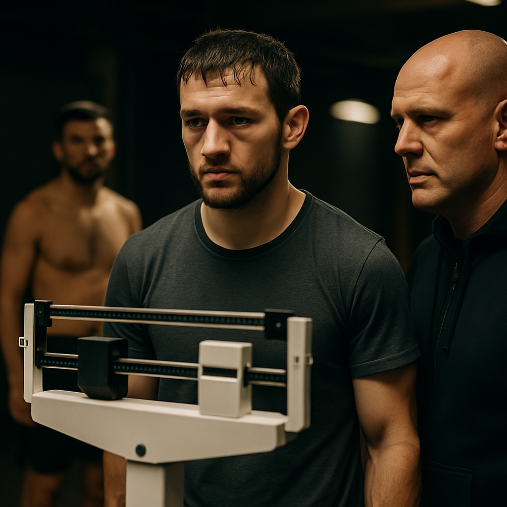 A determined combat-sports athlete stands beside a weigh-in scale as a coach and rival