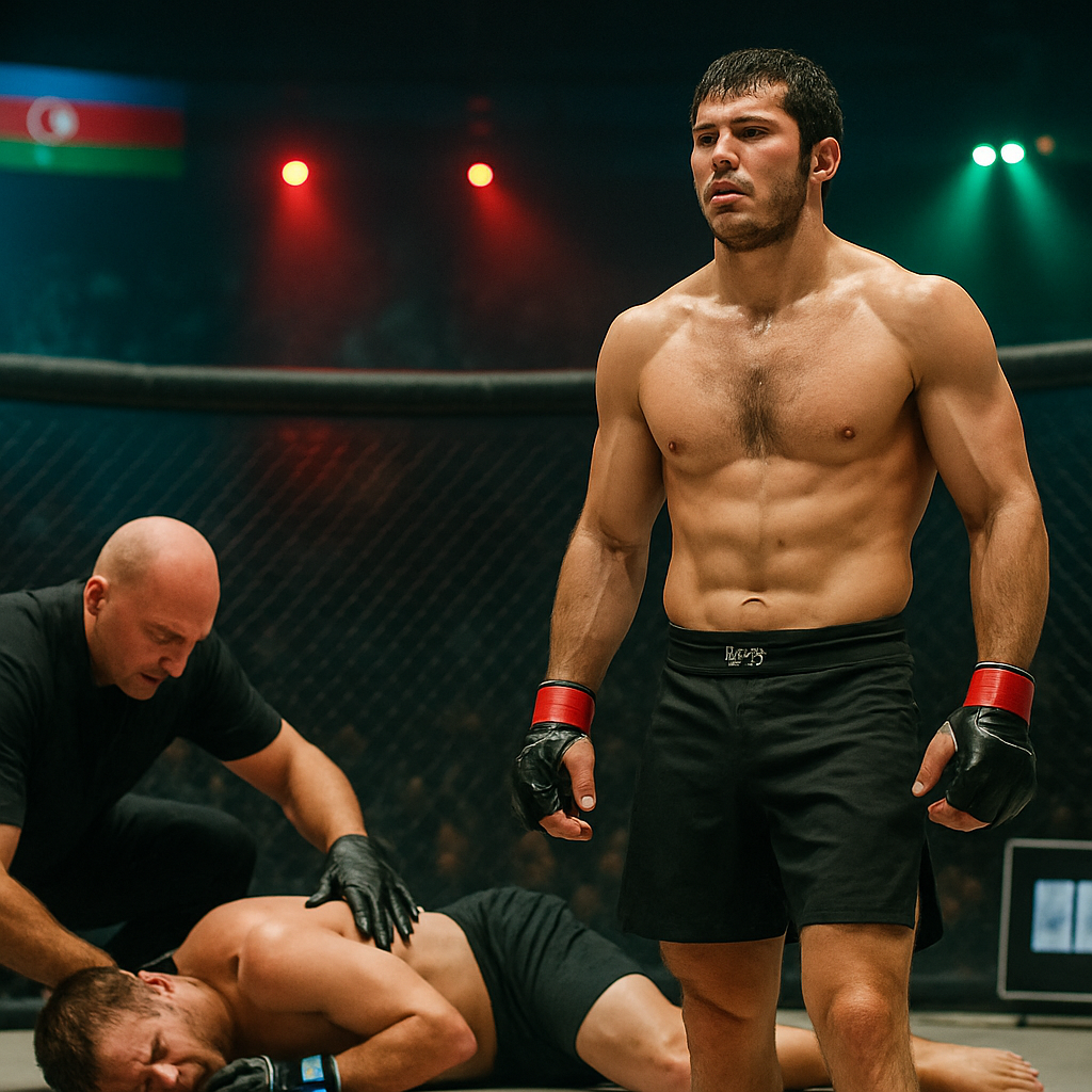 A referee attends to a fighter on the canvas while another stands nearby in