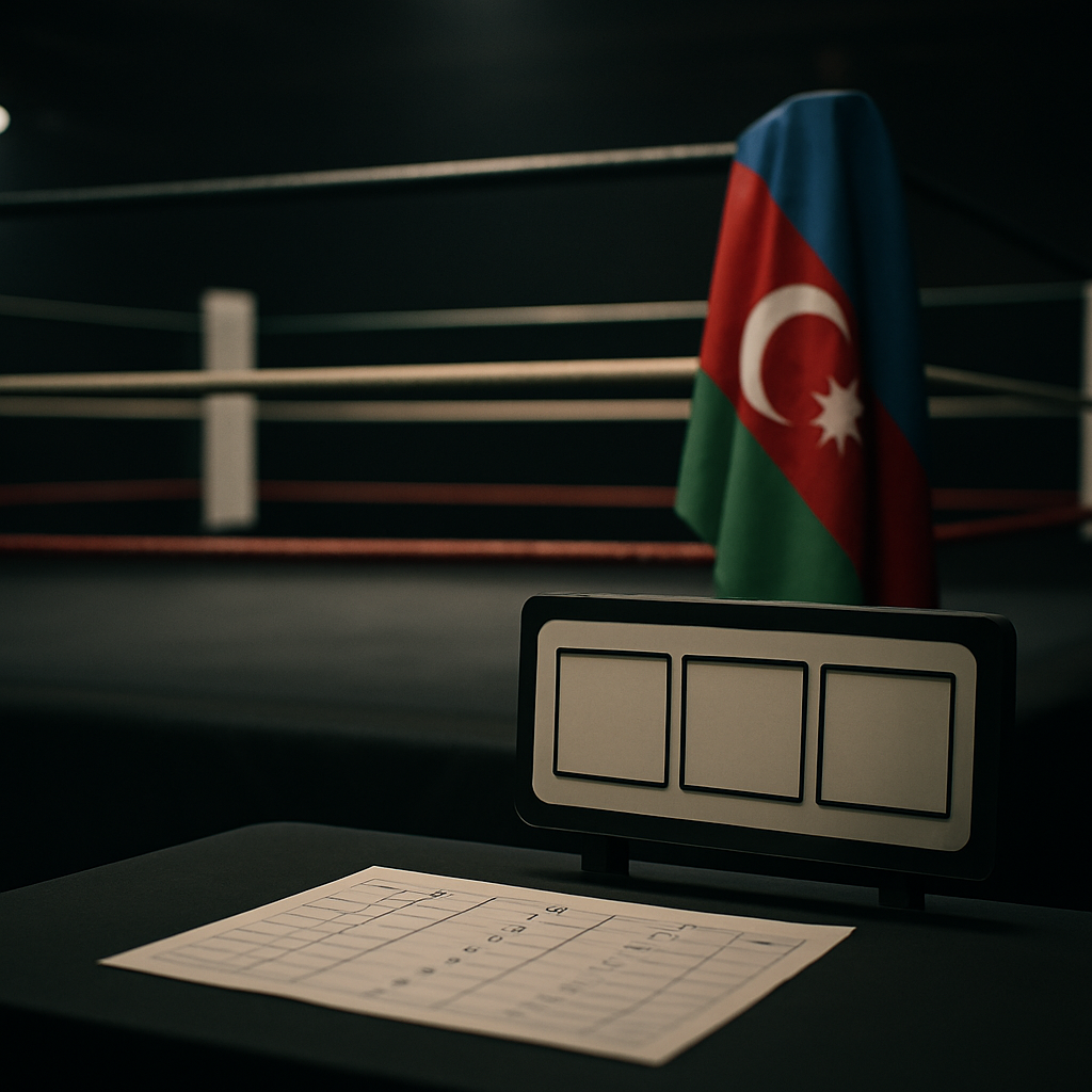 A quiet boxing ring with an Azerbaijani flag and a blank scoreboard, suggesting a