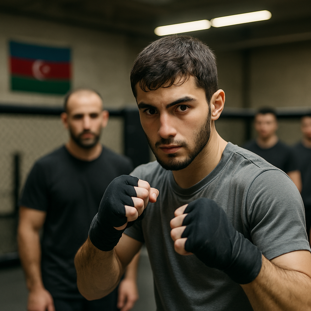 A focused young Azerbaijani MMA fighter trains in a gym as his coach and