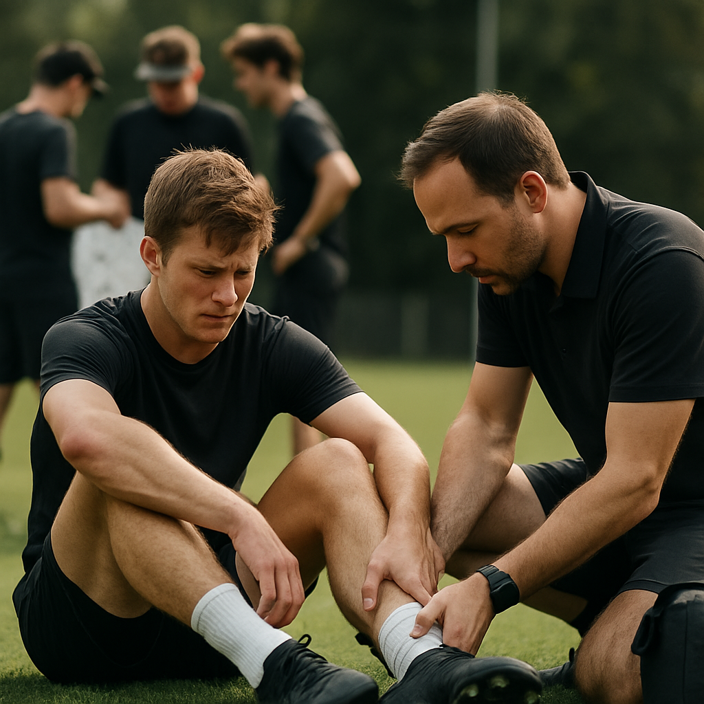 A trainer checks an athlete’s ankle at training camp as the coach and teammates