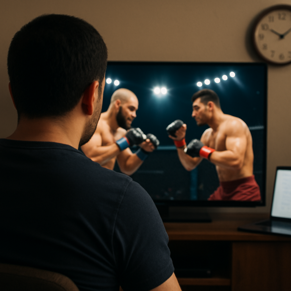 A viewer in Azerbaijan checks a fight broadcast, clock, and schedule on a laptop