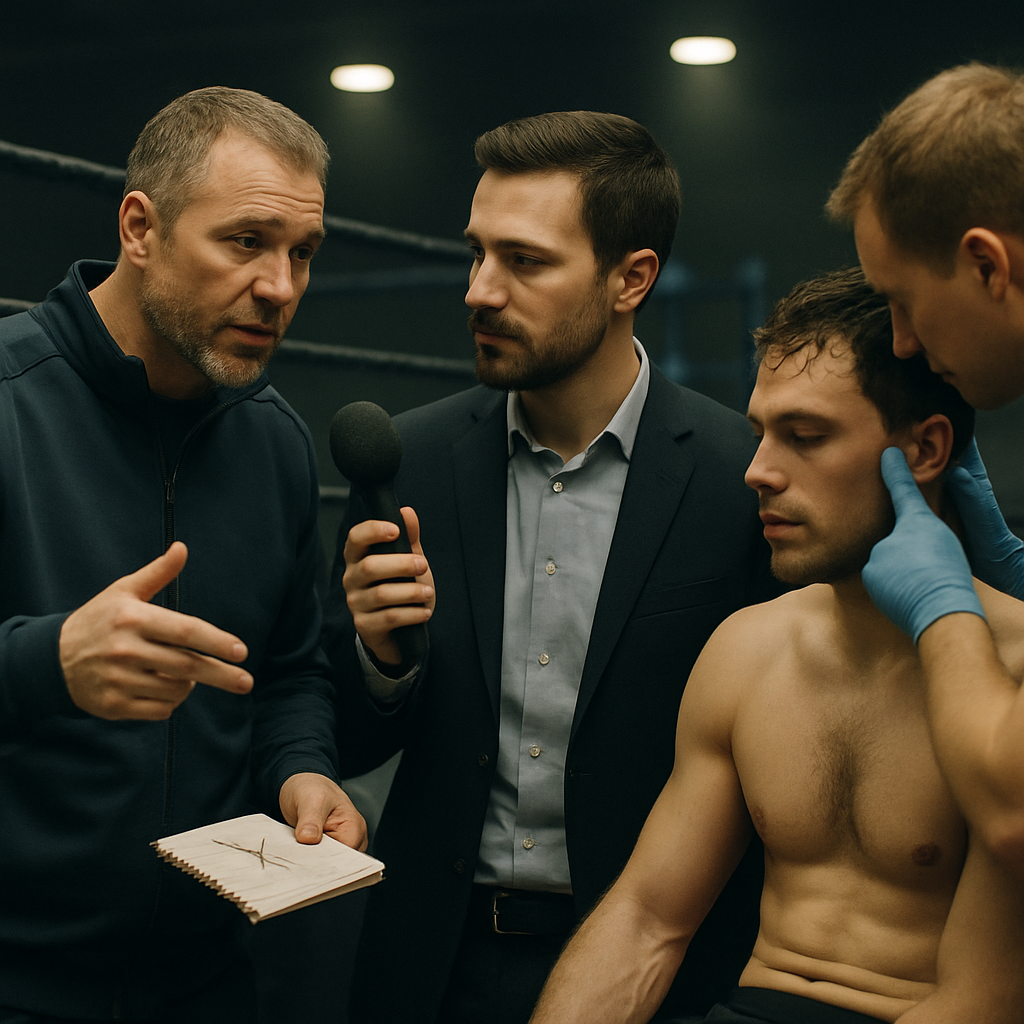 A coach discusses the fight result and next training steps with a reporter while